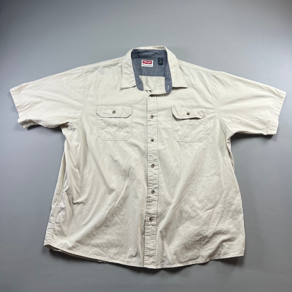 Wrangler Western Shirt Men 2XL Beige Cotton Dual Flap Pocket Short Sleeve Cowboy